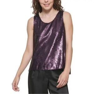 NWT DKNY Womens Sleeveless Sequin Split-Back Top Purple Size S
